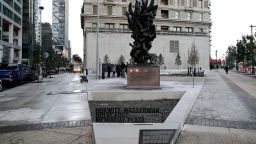 This photo shows the redesigned Holocaust Memorial Plaza in Philadelphia, Monday, Oct. 22, 2018. The memorial that originally opened in 1964 has been expanded and enhanced to focus on both remembrance and education.