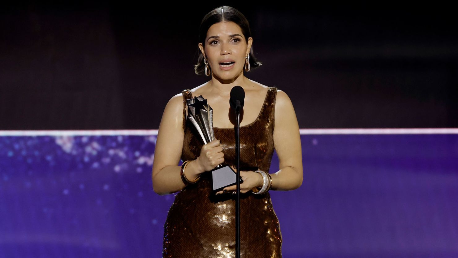 SANTA MONICA, CALIFORNIA - JANUARY 14: America Ferrera accepts the SeeHer Award onstage during the 29th Annual Critics Choice Awards at Barker Hangar on January 14, 2024 in Santa Monica, California. (Photo by Kevin Winter/Getty Images for Critics Choice Association)