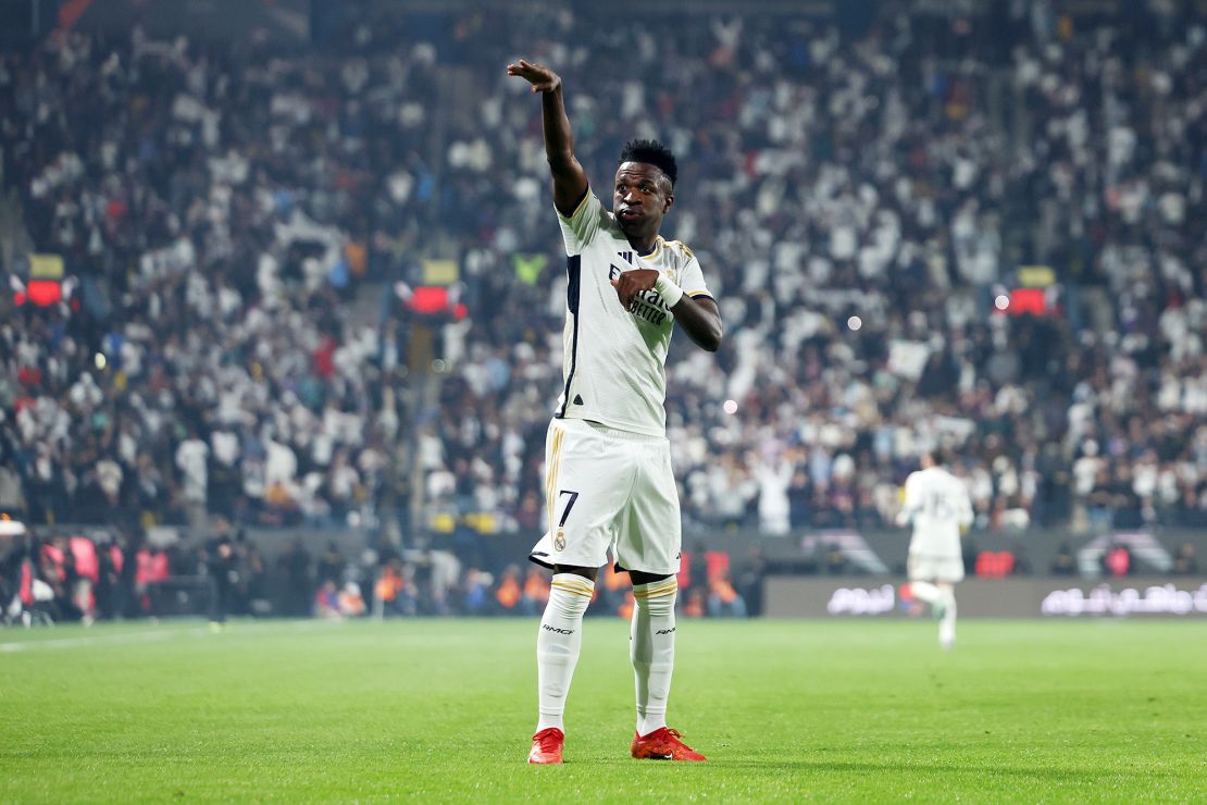 RIYADH, SAUDI ARABIA - JANUARY 14: Vinicius Junior of Real Madrid celebrates after scoring their team's first goal during the Super Copa de España Final match between Real Madrid and FC Barcelona on January 14, 2024 in Riyadh, Saudi Arabia. (Photo by Yasser Bakhsh/Getty Images)