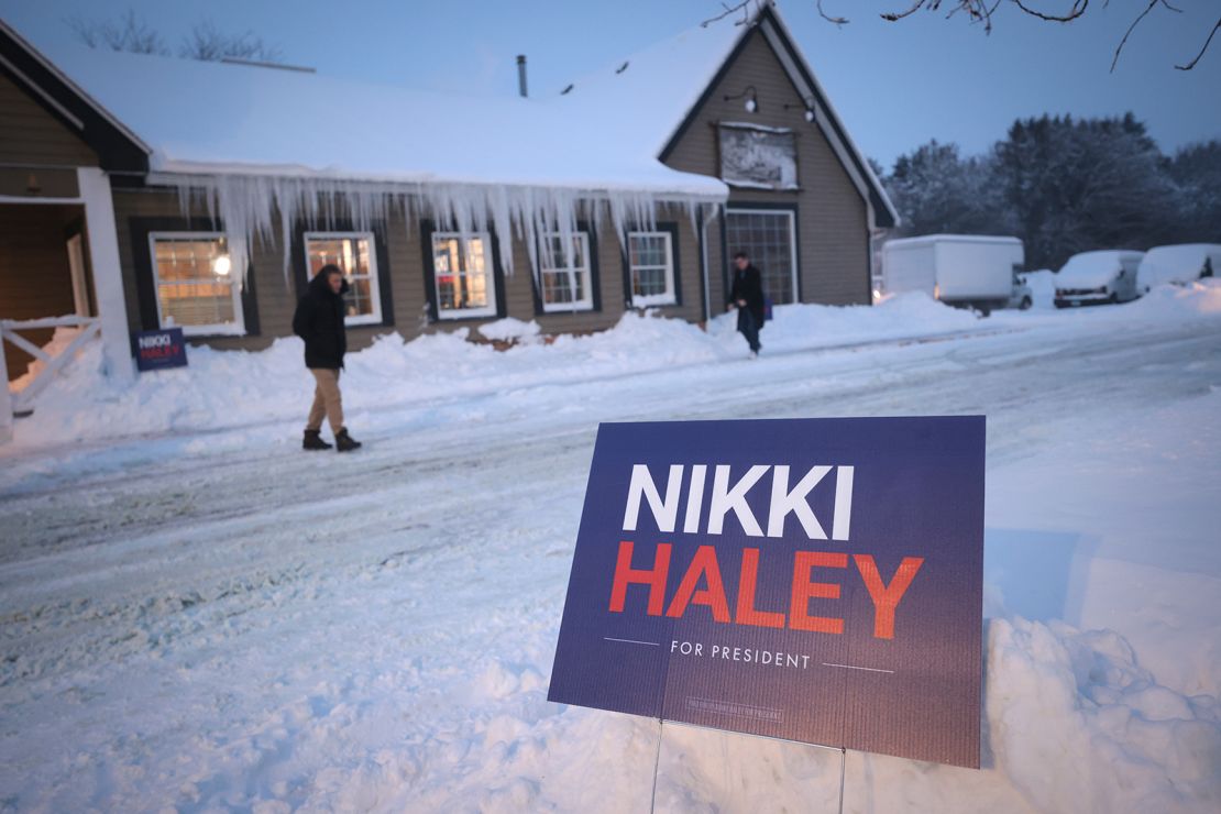 Icicles hang from the roof as people arrive for a campaign event held by Republican presidential candidate former U.N. Ambassador Nikki Haley at the Thunder Bay Grille on January 13, 2024 in Davenport, Iowa.
