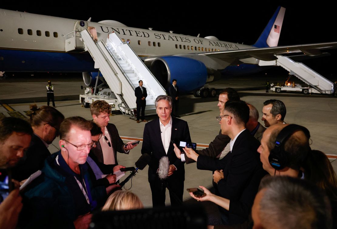 U.S. Secretary of State Antony Blinken speaks to the media, during his week-long trip aimed at calming tensions across the Middle East, at the airport in Al Ula, Saudi Arabia, January 8, 2024. REUTERS/Evelyn Hockstein/Pool