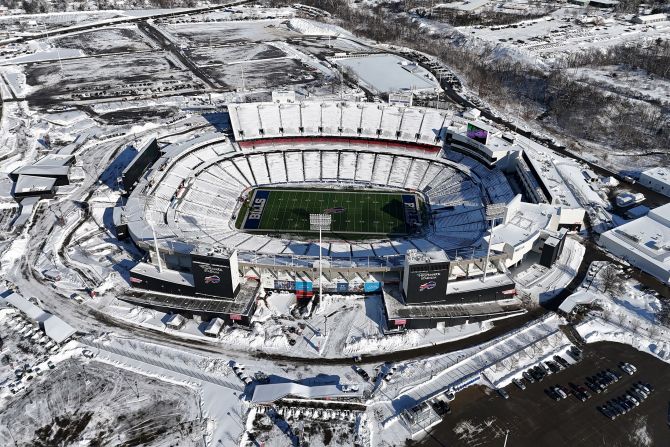 Buffalo's Highmark Stadium is covered in snow before the playoff game against Pittsburgh on January 15. The game was delayed a day because of winter storm conditions.
