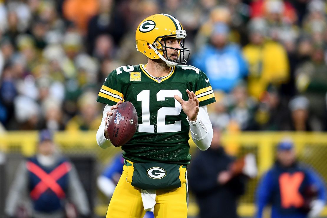 GREEN BAY, WISCONSIN - NOVEMBER 10: Aaron Rodgers #12 of the Green Bay Packers looks to throw a pass against the Carolina Panthers during the first quarter in the game at Lambeau Field on November 10, 2019 in Green Bay, Wisconsin. (Photo by Stacy Revere/Getty Images)