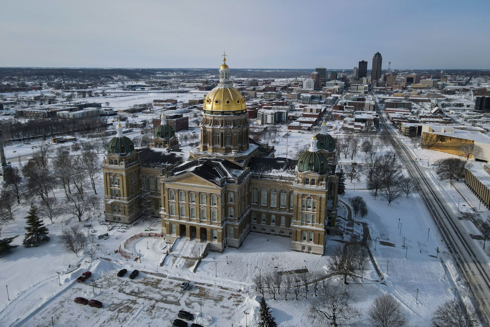 Snow and ice surround the Iowa State Capitol in Des Moines on January 15.