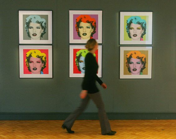 Six portraits of Moss, printed by the British street artist Banksy in the style of Andy Warhol's famed images of Marilyn Monroe, are displayed at Bonham's auction house ahead of a 2009 sale.