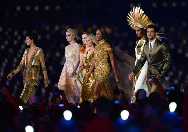 The British models (from left) Stella Tennant, Lily Cole, Karen Elson, Moss, Naomi Campbell, Jourdan Dunn and David Gandy walk a runway during the closing ceremony of the 2012 London Olympic Games.