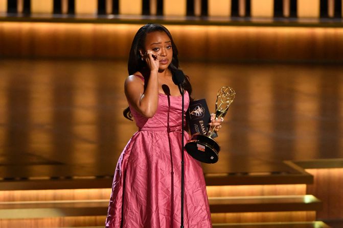 Quinta Brunson tearfully accepts the Emmy for outstanding lead actress in a comedy series ("Abbott Elementary"). "I'm so happy to be able to live my dream and act out comedy," she said. Brunson became the first Black women recognized as lead comedy actress in more than four decades.