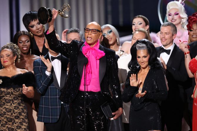 RuPaul accepts the Emmy for outstanding reality competition program ("RuPaul's Drag Race"). The show has won that award five times now. 