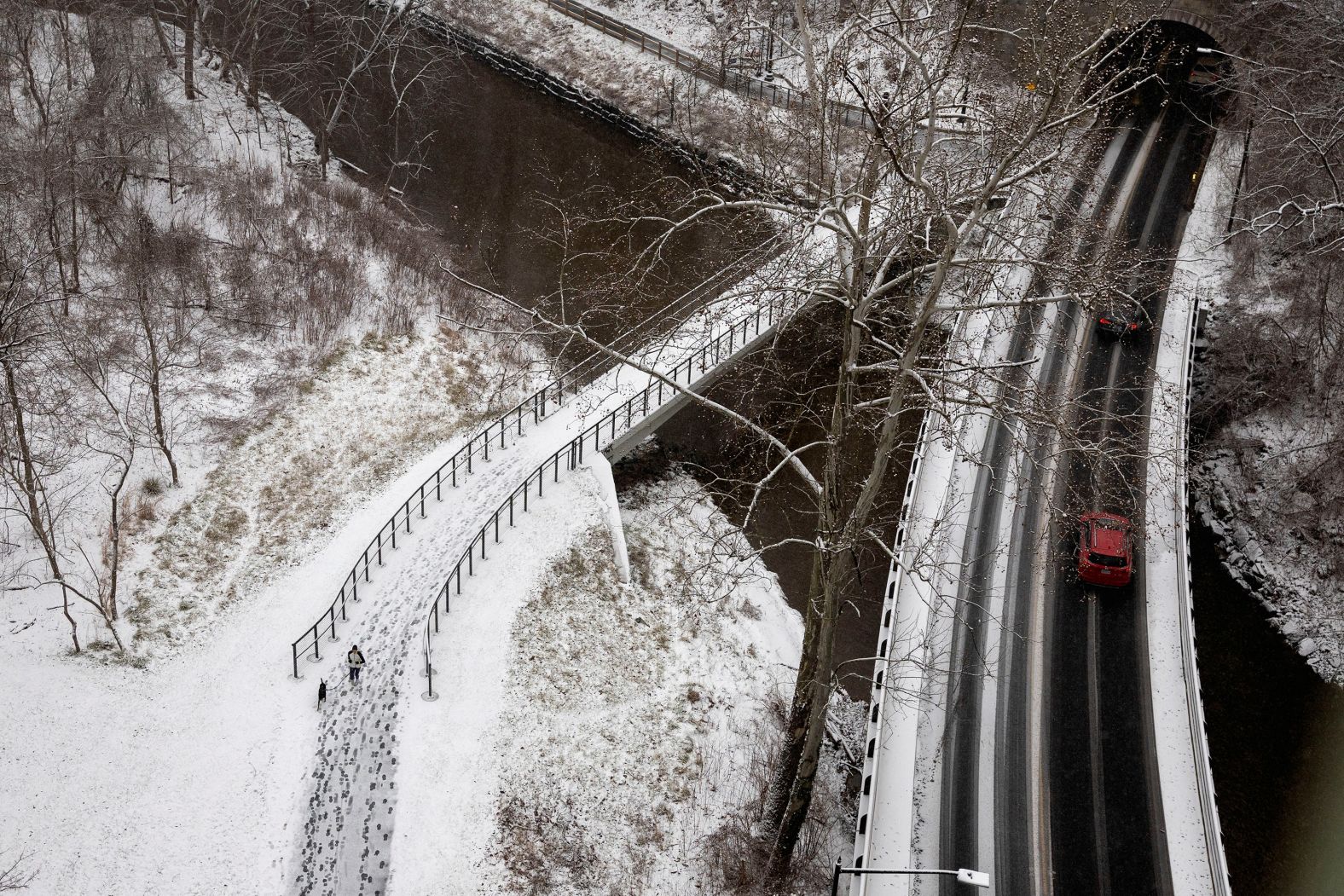 People pass through a snowy Rock Creek Park in Washington, DC, on Monday, January 15.