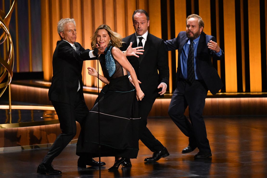 (From L) US actor Greg Germann, US actress Calista Flockhart, Canadian actor Gil Bellows and US actor Peter MacNicol perform a sketch onstage during the 75th Emmy Awards at the Peacock Theatre at L.A. Live in Los Angeles on January 15, 2024.