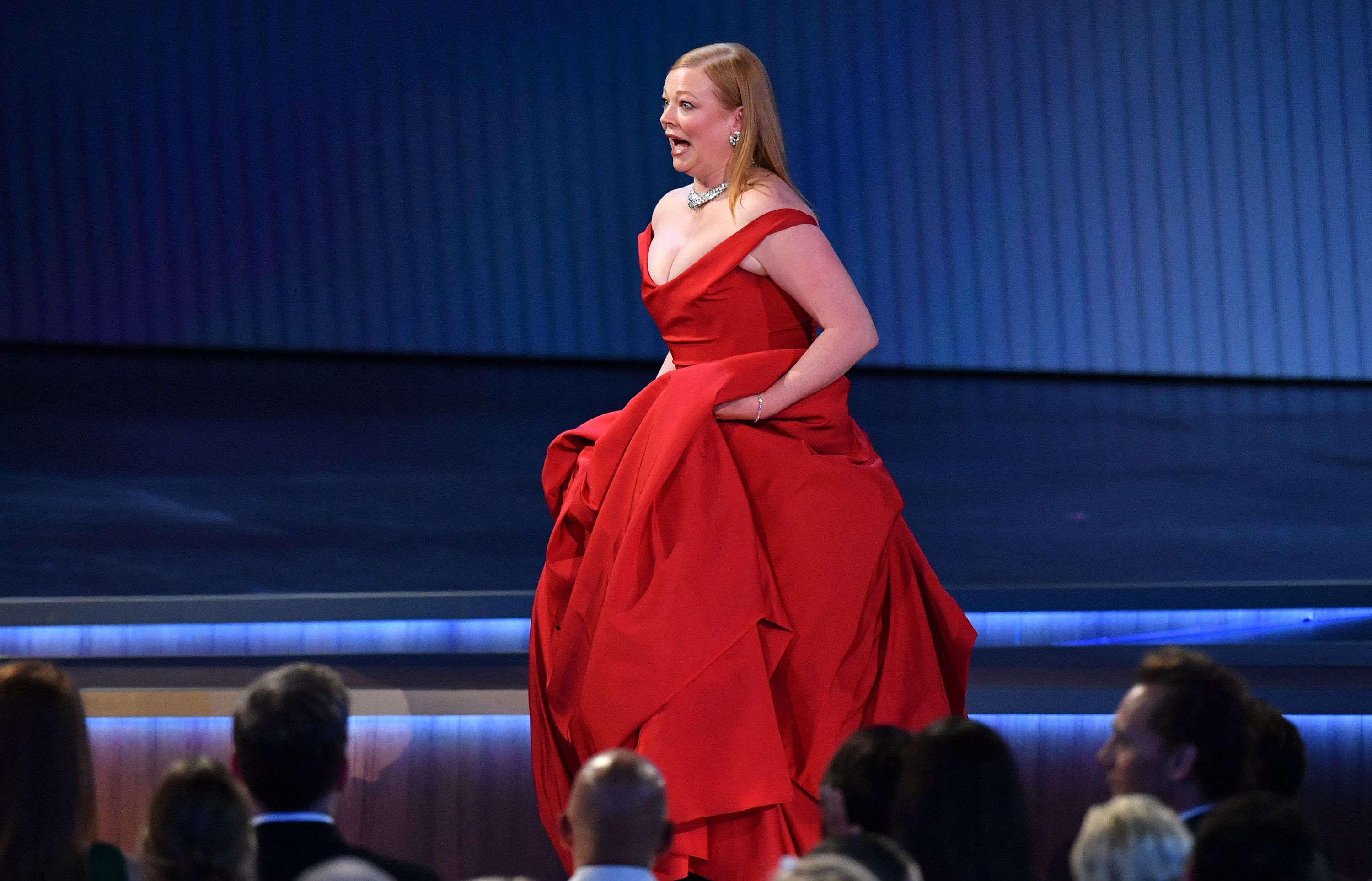 Sarah Snook reacts after winning the Emmy Award for outstanding lead actress in a drama series ('Succession'). Co-stars Kieran Culkin and Matthew Macfadyen also won acting awards on Monday night.