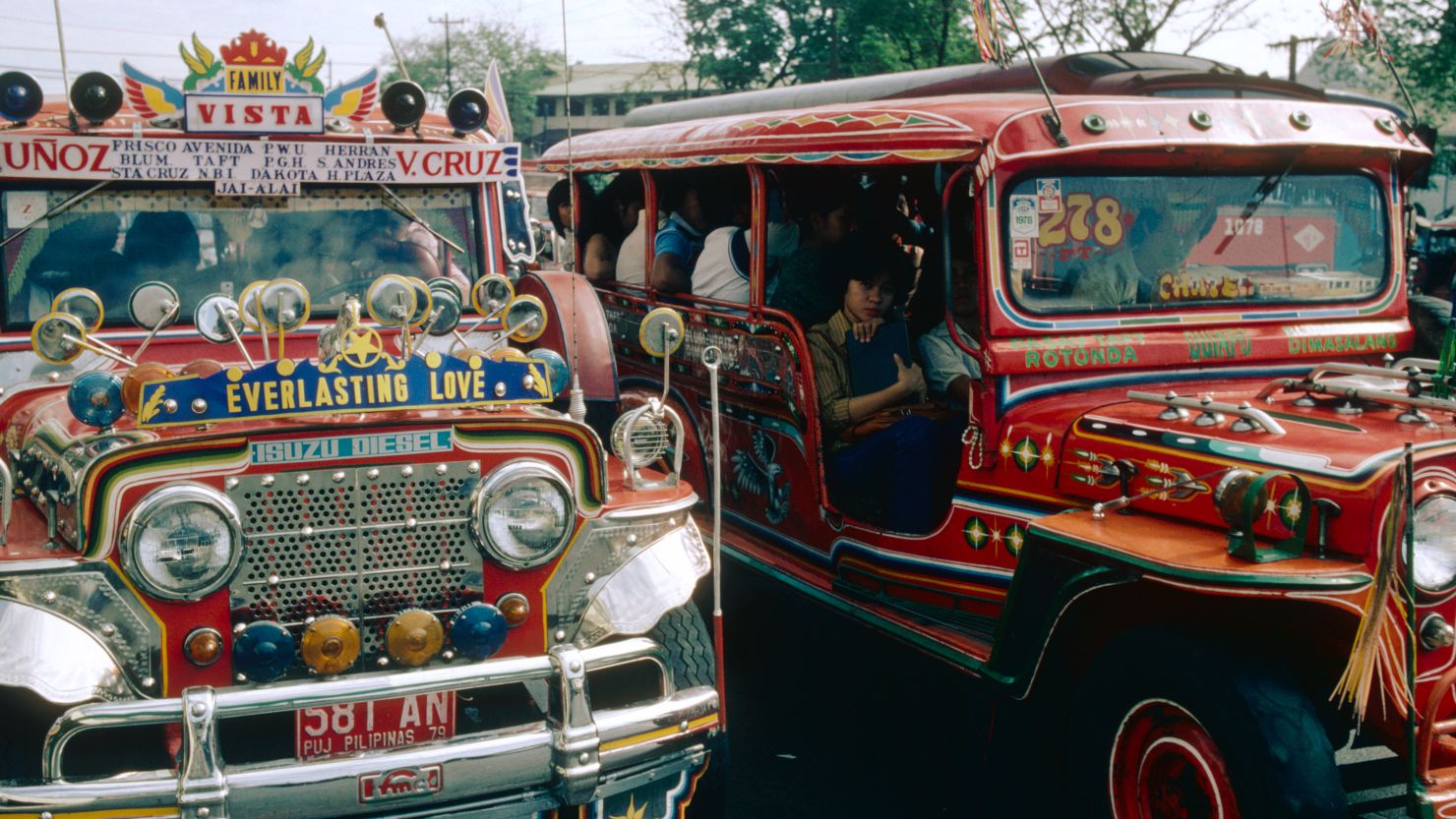 Jeepneys are the result of recycling US army jeeps left in the Philippines after World War II. Each jeepney has a different owner, and great care is paid to the way in which they are decorated. (Photo by Alain Nogues/Sygma/Sygma via Getty Images)