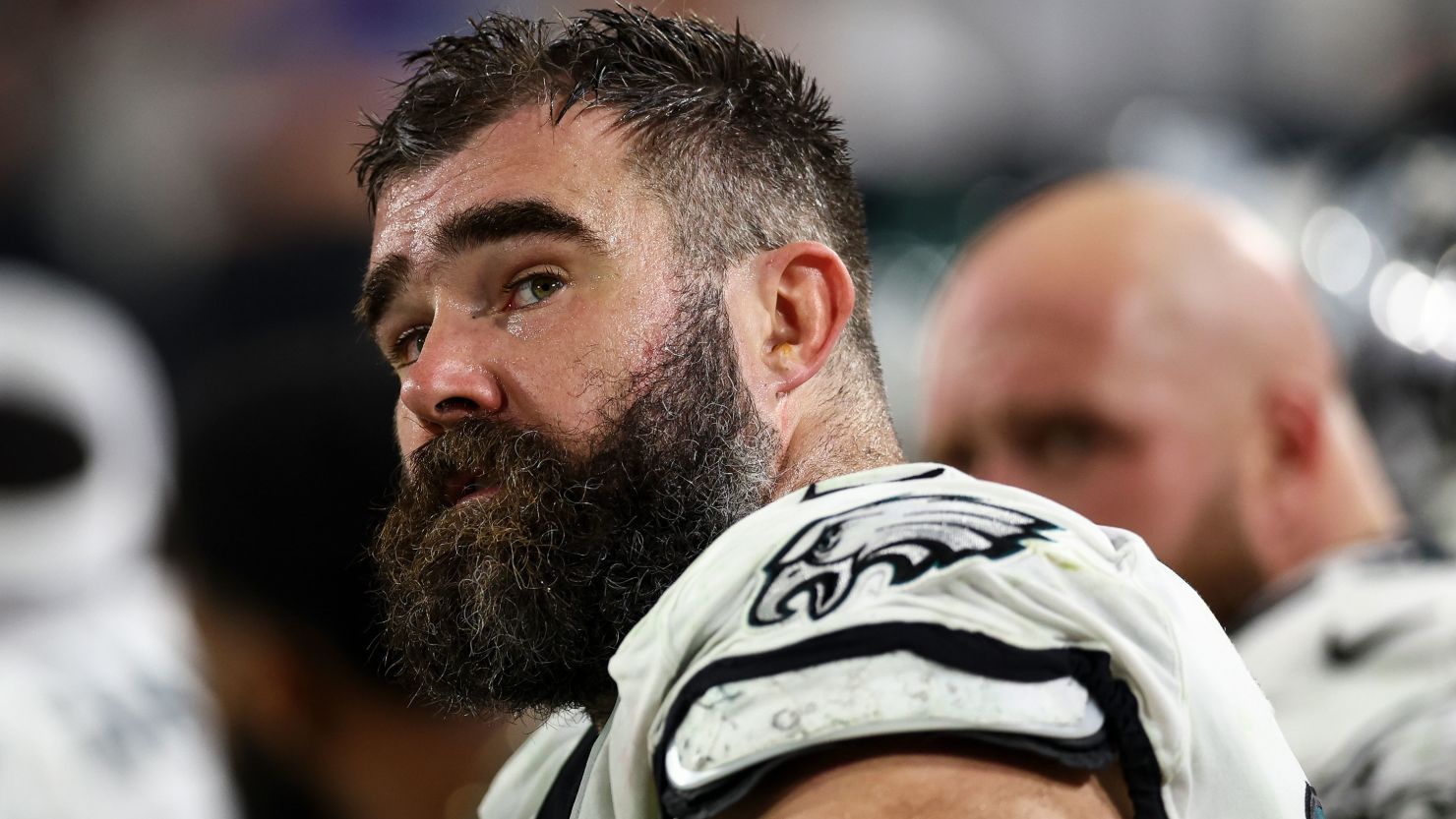 TAMPA, FL - JANUARY 15: Jason Kelce #62 of the Philadelphia Eagles looks on from the bench during the fourth quarter of an NFL wild-card playoff football game against the Tampa Bay Buccaneers at Raymond James Stadium on January 15, 2024 in Tampa, Florida. (Photo by Kevin Sabitus/Getty Images)
