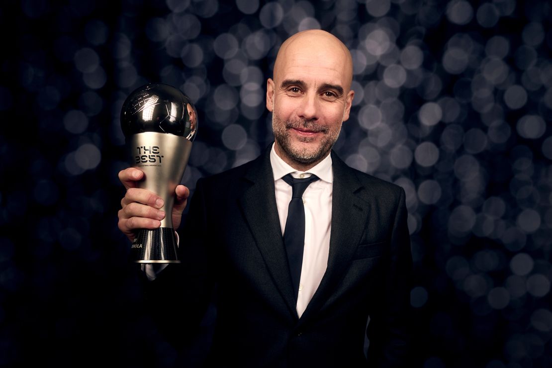 LONDON, ENGLAND - JANUARY 15: (EDITORS NOTE: Image has been digitally enhanced.) FIFA Men's Coach of the Year, Pep Guardiola, poses for a photo during The Best FIFA Football Awards 2023 at The Apollo Theatre on January 15, 2024 in London, England. (Photo by Michael Regan - FIFA/FIFA via Getty Images)
