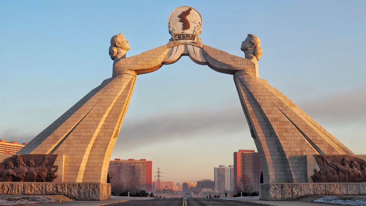 Monument to the Three-Point Charter for National Reunification (Arch of Reunification) near Pyongyang in North Korea.