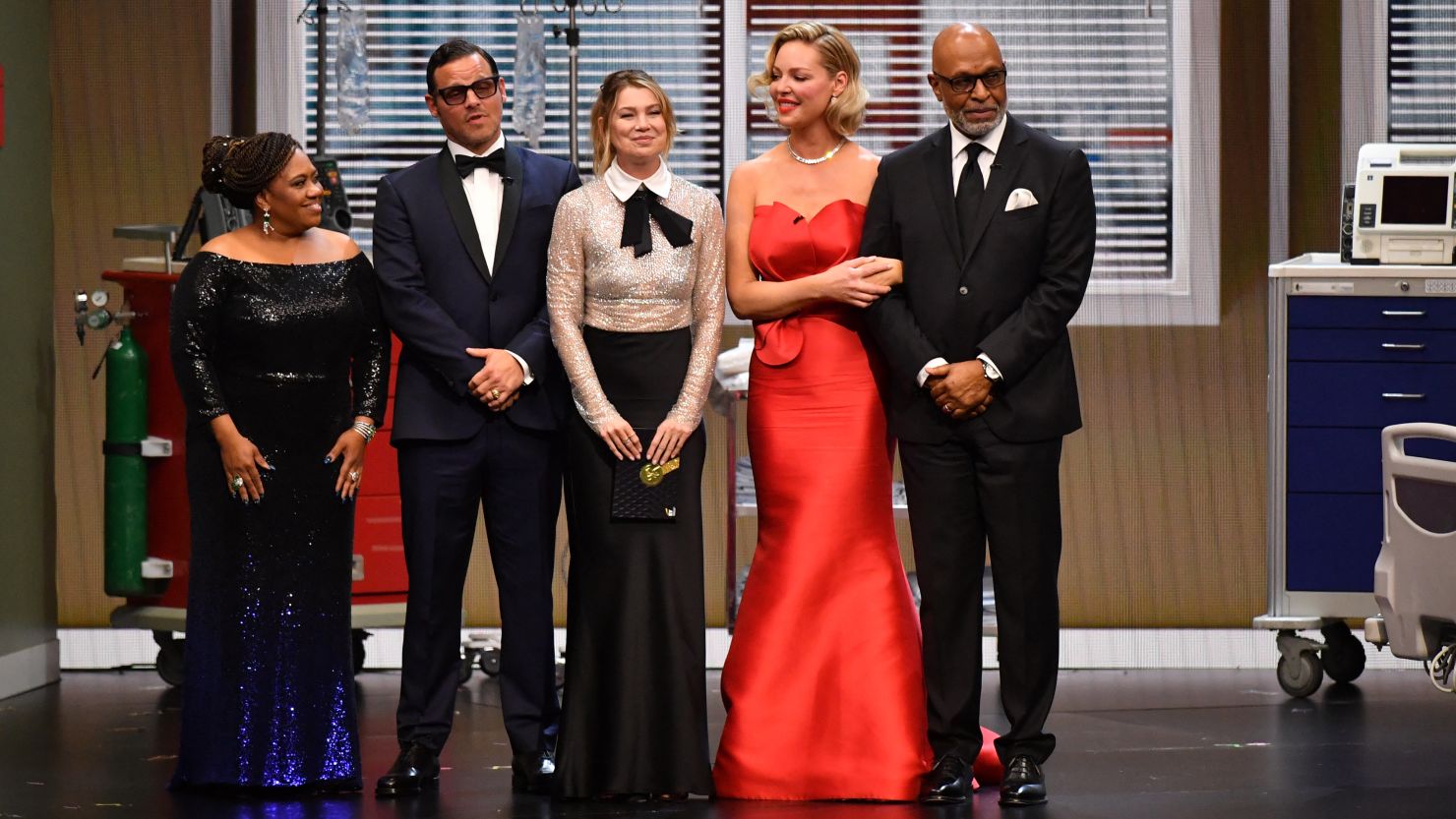 (L-R) Actors Chandra Wilson, Justin Chambers, Ellen Pompeo, Katherine Heigl and James Pickens speak  onstage during the 75th Emmy Awards at the Peacock Theatre at L.A. Live in Los Angeles on January 15, 2024. (Photo by Valerie Macon / AFP) (Photo by VALERIE MACON/AFP via Getty Images)