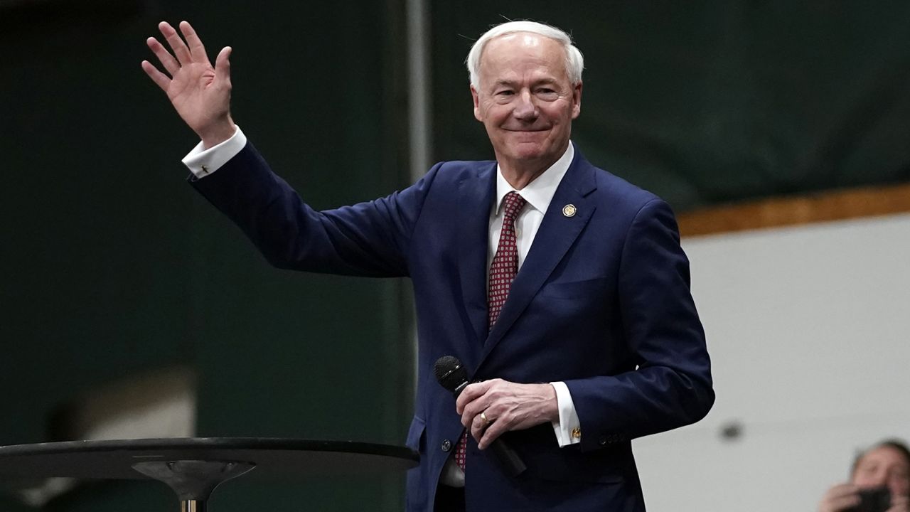 Republican presidential candidate former Arkansas Gov. Asa Hutchinson speaks at a caucus site at Horizon Events Center, in Clive, Iowa, Monday, Jan. 15, 2024.