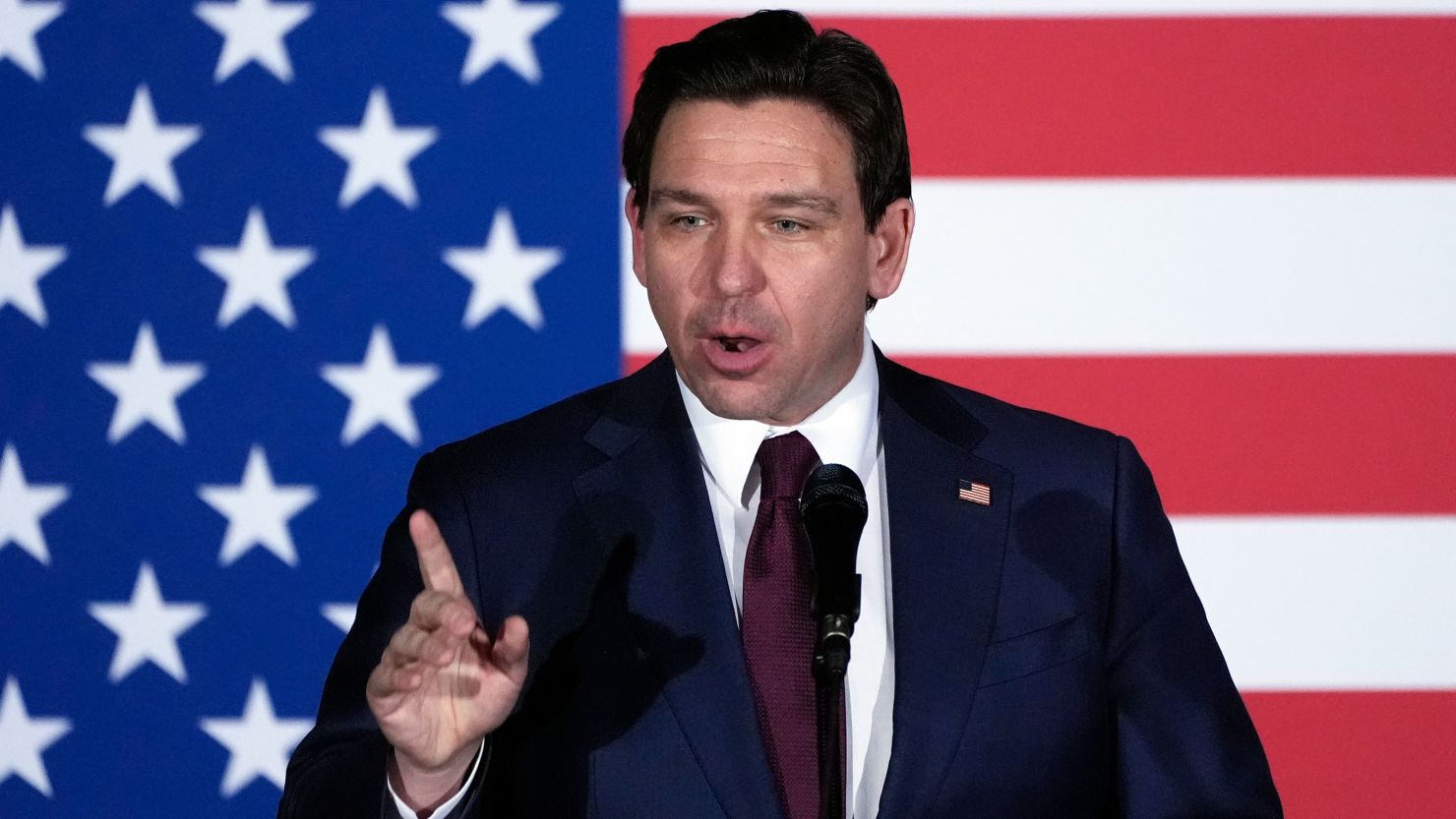 Republican presidential candidate Florida Gov. Ron DeSantis speaks to supporters during a caucus night party, Monday, Jan. 15, 2024, in West Des Moines, Iowa. (AP Photo/Charlie Neibergall)