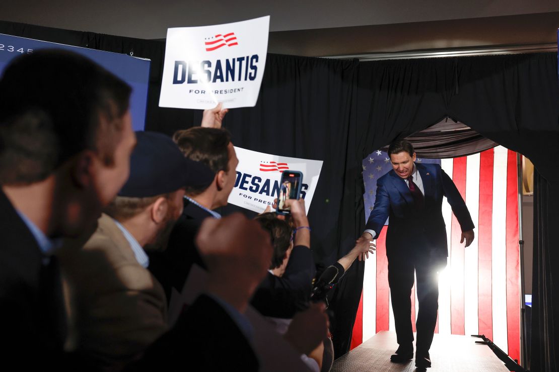 WEST DES MOINES, IOWA - JANUARY 15: Republican presidential candidate Florida Gov. Ron DeSantis greets supporters at his caucus night event on January 15, 2024 in West Des Moines, Iowa. Iowans voted today in the state's caucuses for the first contest in the 2024 Republican presidential nominating process. Former president Donald Trump has been projected winner.  (Photo by Anna Moneymaker/Getty Images)