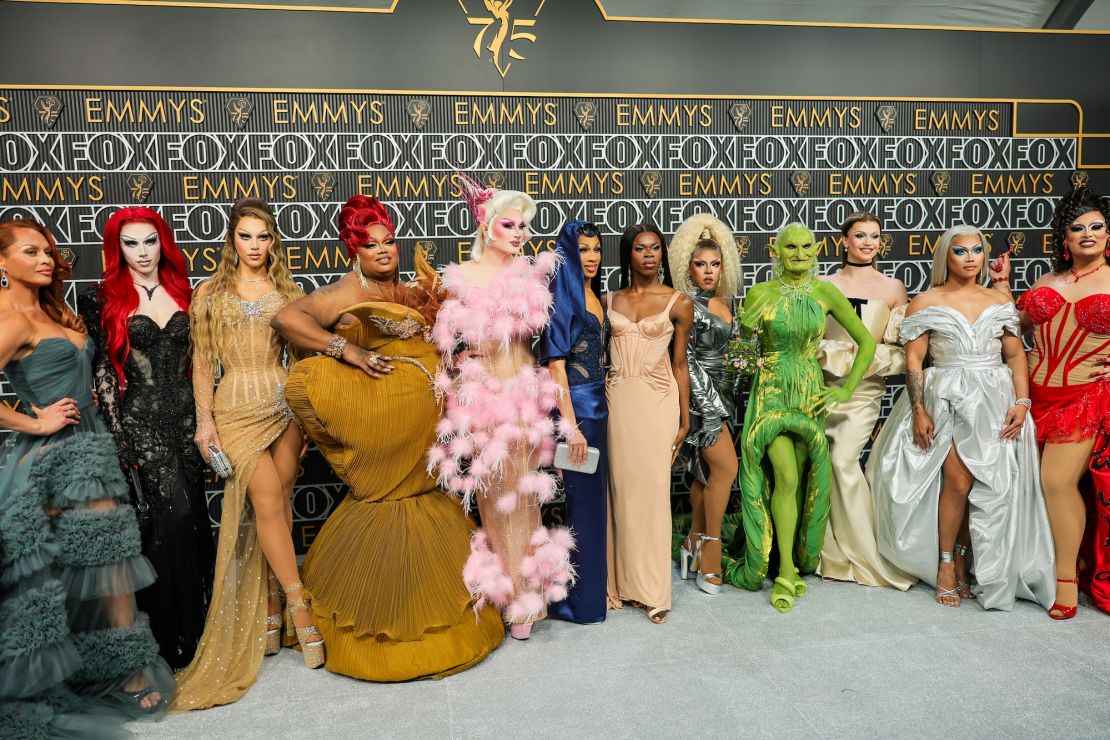 LOS ANGELES, CALIFORNIA - JANUARY 15: (L-R) Sasha Colby, Spice, Sugar, Malaysia Babydoll Foxx, Irene Dubois, Robin Fierce, Luxx Noir London, Jax, Princess Poppy, Marcia Marcia Marcia, Aura Mayari, and Salina EsTitties attend the 75th Primetime Emmy Awards at Peacock Theater on January 15, 2024 in Los Angeles, California. (Photo by Neilson Barnard/Getty Images)