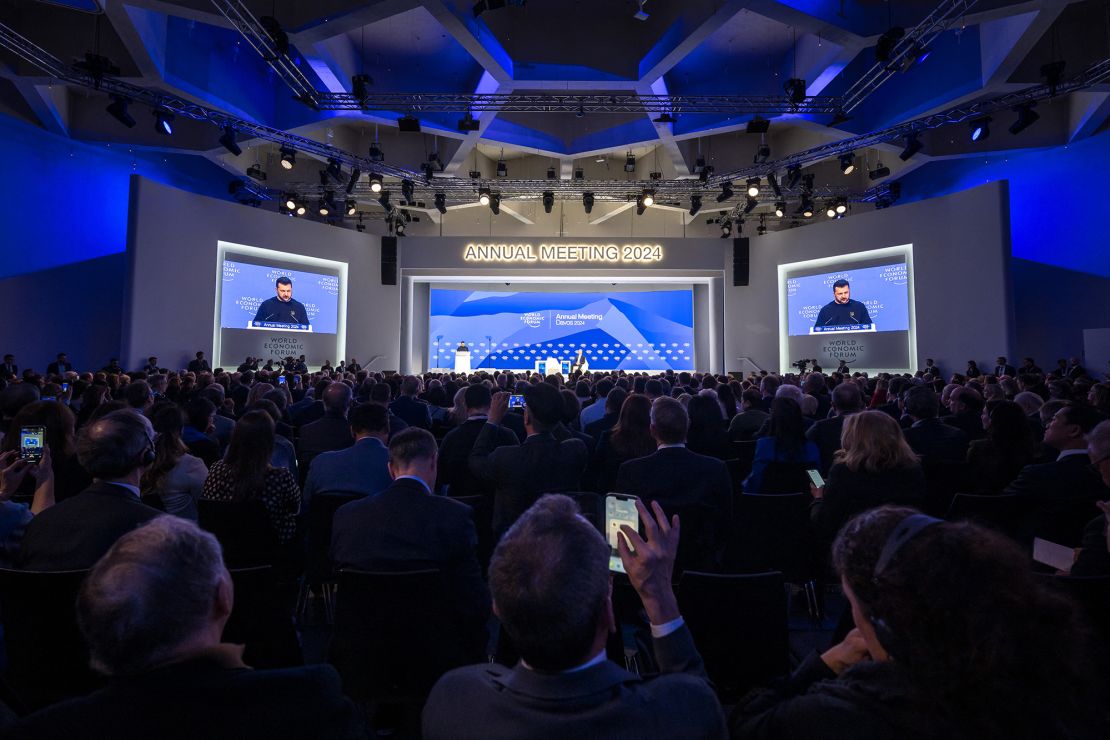 Ukrainian President Volodymyr Zelensky adresses the assembly at the World Economic Forum (WEF) annual meeting in Davos, on January 16, 2024. (Photo by Fabrice COFFRINI / AFP) (Photo by FABRICE COFFRINI/AFP via Getty Images)