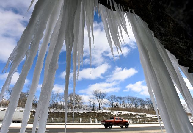Icicles hang from limestone along Interstate 65 in Nashville, Tennessee, on January 16.