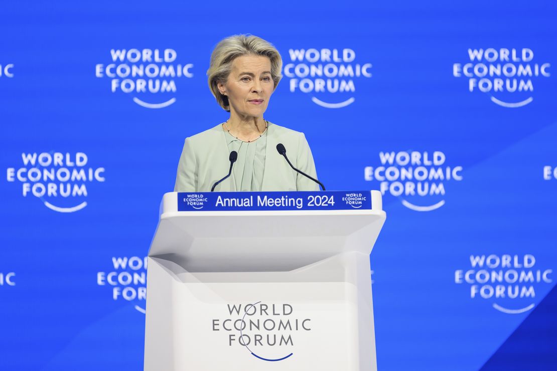 President of the European Commission Ursula von der Leyen speaks during a plenary session in the Congress Hall at the 54th annual meeting of the World Economic Forum, WEF, in Davos, Switzerland, Tuesday, Jan. 16, 2024. (Gian Ehrenzeller/Keystone via AP)