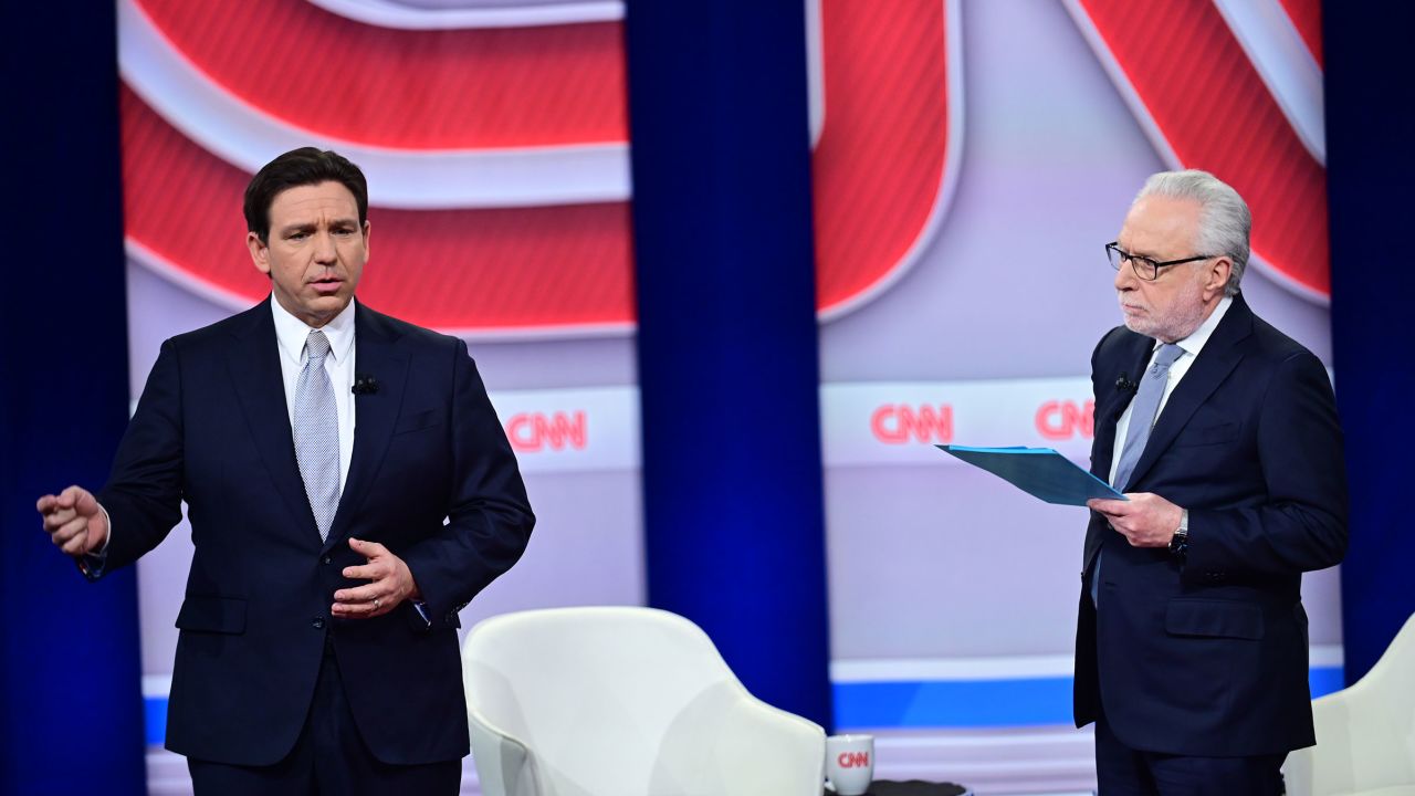 Florida Gov. Ron DeSantis participates in a CNN Republican Presidential Town Hall moderated by CNN's Wolf Blitzer at New England College in Henniker, New Hampshire, on January 16, 2024. (Will Lanzoni/CNN)