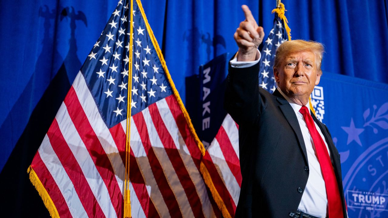 ATKINSON, NEW HAMPSHIRE - JANUARY 16: Republican presidential candidate, former U.S. President Donald Trump points to supporters at the conclusion of a campaign rally at the Atkinson Country Club on January 16, 2024 in Atkinson, New Hampshire. Trump won this week's Iowa caucus, solidifying him as the lead Republican nominee in the first balloting of 2024. The former U.S. President heads to Atkinson, New Hampshire today as he continues campaigning during the primary election. (Photo by Brandon Bell/Getty Images)