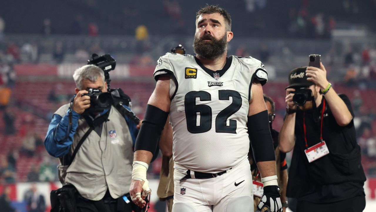 TAMPA, FL - January 15: Jason Kelce #62 of the Philadelphia Eagles walks off the field after a loss in the NFC Wild Card playoff game against the Tampa Bay Buccaneers at Raymond James Stadium on January 15, 2024 in Tampa, Florida. (Photo by Perry Knotts/Getty Images)
