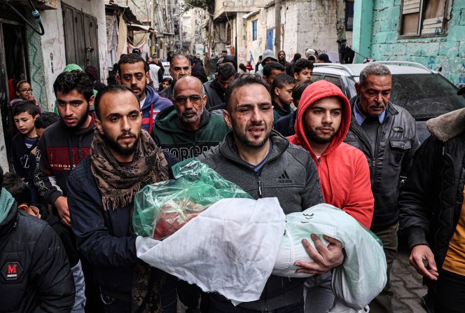 The father of Masa Shoman carries the body of his daughter, killed during Israeli bombardment, at her funeral in Rafah, Gaza, on January 17.