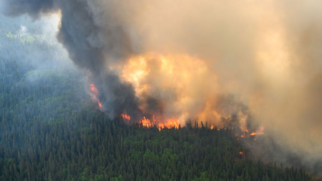 Flames reach upwards along the edge of a wildfire as seen from a Canadian Forces helicopter surveying the area near Mistissini, Quebec, Canada June 12, 2023. Cpl Marc-Andre Leclerc/Canadian Forces/Handout via REUTERS THIS IMAGE HAS BEEN SUPPLIED BY A THIRD PARTY