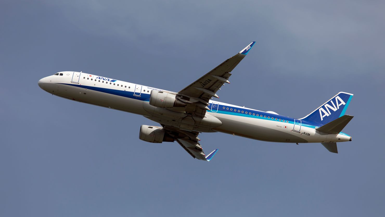 An All Nippon Airways (ANA) Airbus 321 taking off from Osaka Kansai on July 6, 2023.