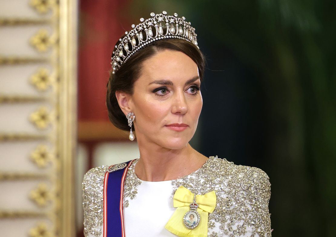 LONDON, ENGLAND - NOVEMBER 22: Catherine, Princess of Wales during the State Banquet at Buckingham Palace on November 22, 2022 in London, England. This is the first state visit hosted by the UK with King Charles III as monarch, and the first state visit here by a South African leader since 2010. (Photo by Chris Jackson/Getty Images)