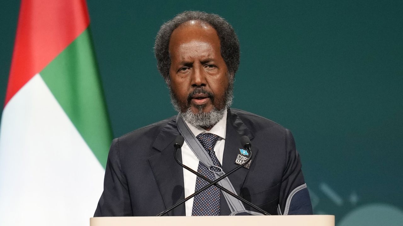 FILE - Somalia President Hassan Sheikh Mohamud speaks during a plenary session at the COP28 U.N. Climate Summit, Friday, Dec. 1, 2023, in Dubai, United Arab Emirates. President Hassan Sheikh Mohamud welcomed Saturday, Dec. 2, the U.N. Security Council vote to lift an arms embargo imposed on the Horn of Africa nation more than 30 years ago.(AP Photo/Rafiq Maqbool, File)