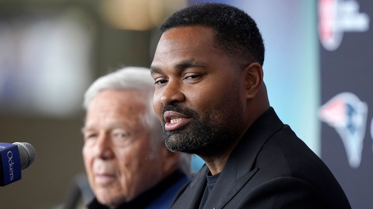 New England Patriots owner Robert Kraft, left, and newly-named Patriots head coach Jerod Mayo, right, face reporters, Wednesday, Jan. 17, 2024, during an NFL football news conference, in Foxborough, Mass. Mayo succeeds Bill Belichick as the franchise's 15th head coach. (AP Photo/Steven Senne)
