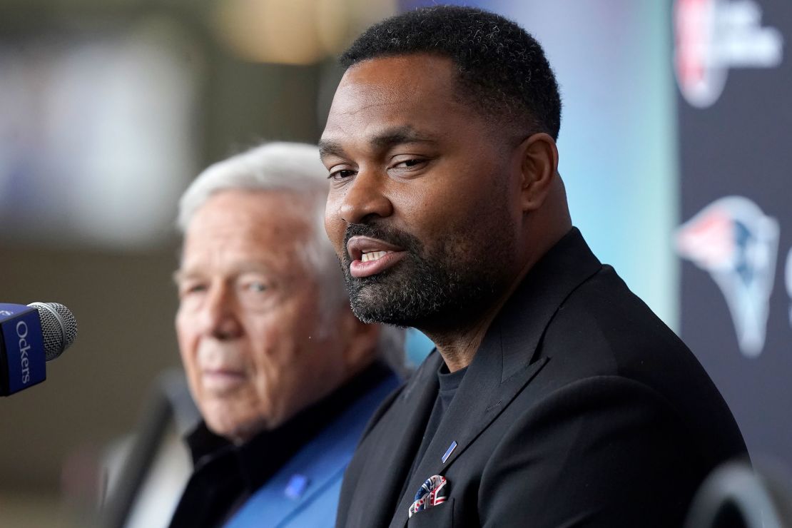 New England Patriots owner Robert Kraft, left, and newly-named Patriots head coach Jerod Mayo, right, face reporters, Wednesday, Jan. 17, 2024, during an NFL football news conference, in Foxborough, Mass. Mayo succeeds Bill Belichick as the franchise's 15th head coach. (AP Photo/Steven Senne)