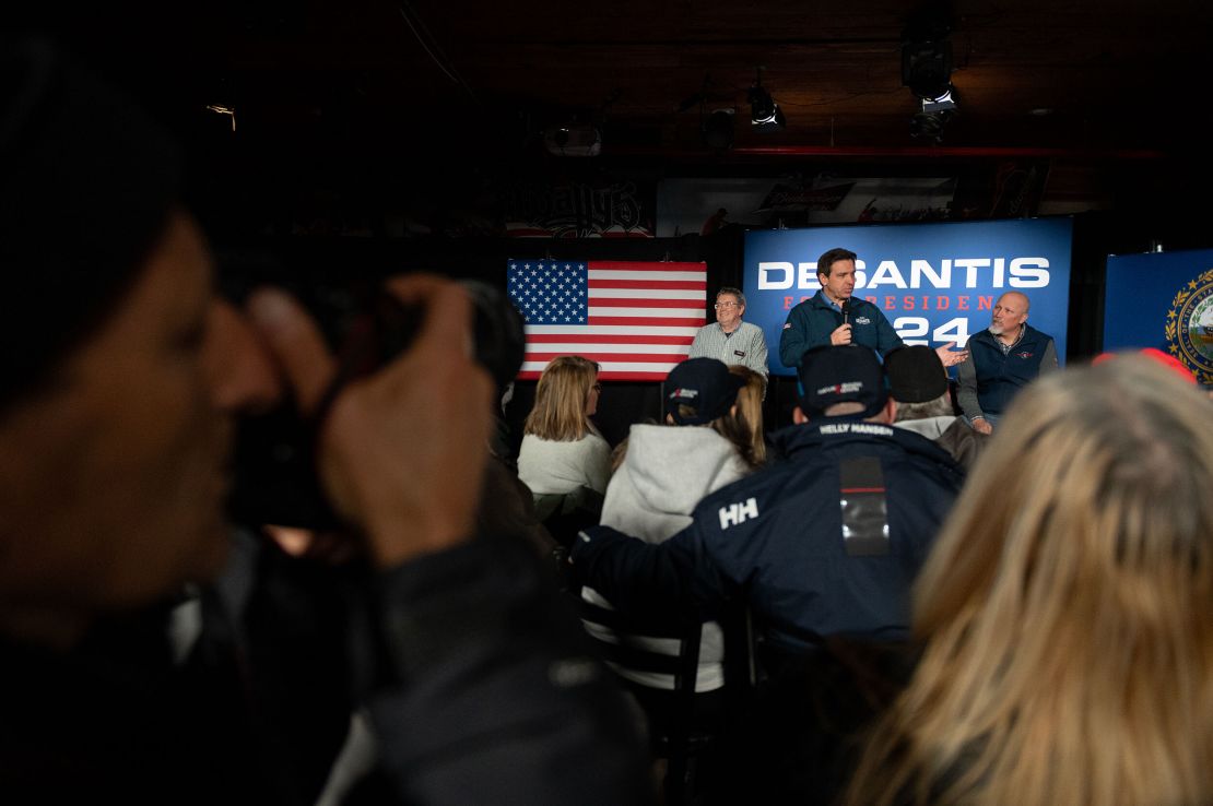 Florida Gov. Ron DeSantis speaks to supporters during an event at Wally's in Hampton, New Hampshire, on January 17, 2024. 