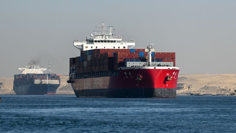 A ship transits the Suez Canal towards the Red Sea on January 10, 2024 in Ismailia, Egypt. In the wake of Israel's war on Gaza after the October 7 Hamas attack on Israel, Houthi rebels in Yemen pledged disruption on all ships destined for Israel through the Red Sea's Suez Canal. The disruption on world trade is evident in the number of companies using this container ship route - a 90 per cent decline compared to figures one year ago.