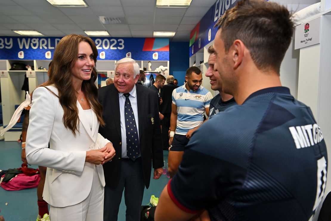 MARSEILLE, FRANCE - SEPTEMBER 09: Catherine, Princess of Wales and Patron of the England Rugby Football Union Alex Mitchell of England following his side's victory in the Rugby World Cup France 2023 match between England and Argentina at Stade Velodrome on September 09, 2023 in Marseille, France. (Photo by Dan Mullan/Getty Images)