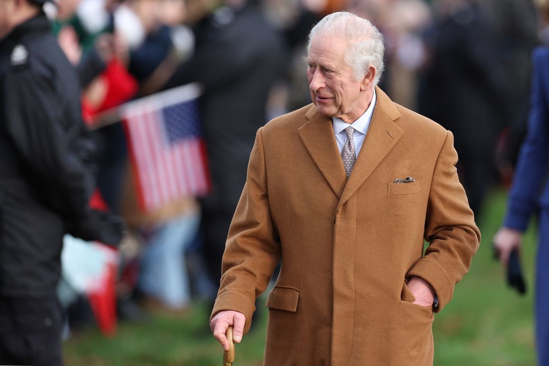 Britain's King Charles III arrives for the Royal Family's traditional Christmas Day service at St Mary Magdalene Church on the Sandringham Estate in eastern England, on December 25, 2023. (Photo by Adrian DENNIS / AFP) (Photo by ADRIAN DENNIS/AFP via Getty Images)