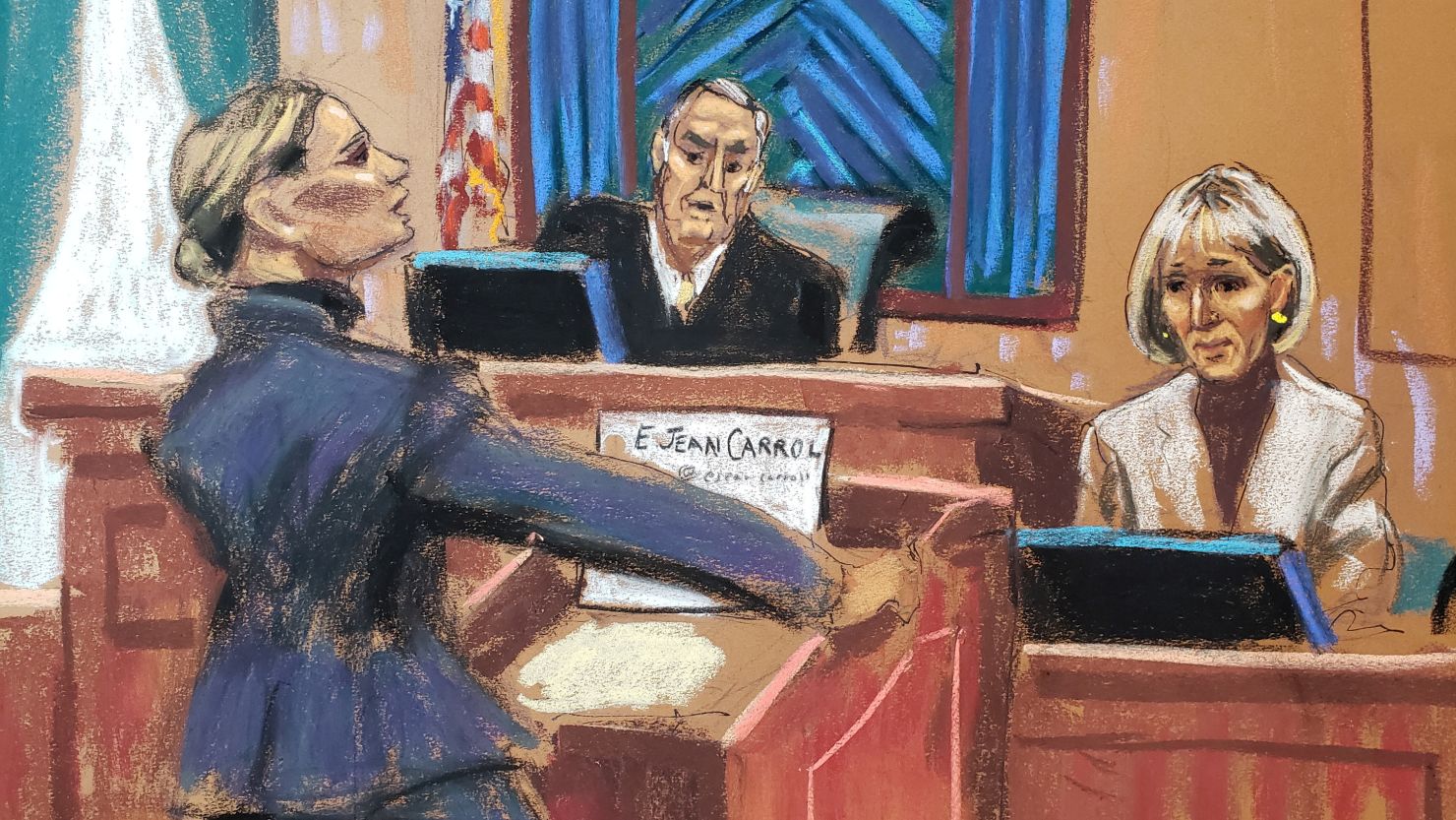 Former U.S. President Donald Trump's lawyer Alina Habba cross examines E. Jean Carroll before Judge Lewis Kaplan during the second civil trial where Carroll accused Trump of raping her decades ago, at Manhattan Federal Court in New York City, U.S., January 18, 2024 in this courtroom sketch.