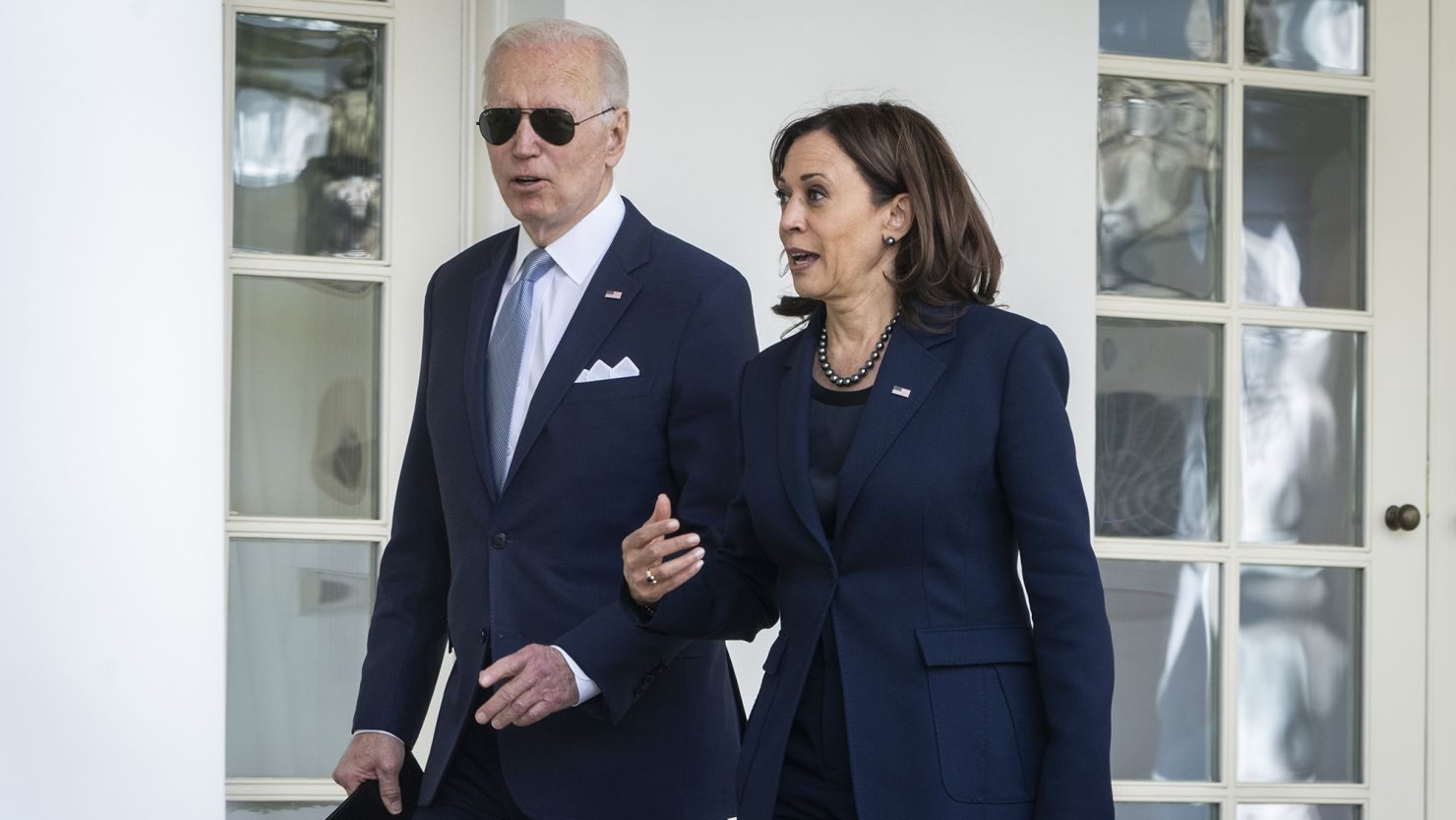 WASHINGTON, DC - APRIL 11: (L-R) U.S. President Joe Biden and Vice President Kamala Harris walk back to the Oval Office after an event about gun violence in the Rose Garden of the White House April 11, 2022 in Washington, DC. Biden announced a new firearm regulation aimed at reining in ghost guns, untraceable, unregulated weapons made from kids. Biden also announced Steve Dettelbach as his nominee to lead the Bureau of Alcohol, Tobacco, Firearms and Explosives (ATF). (Photo by Drew Angerer/Getty Images)