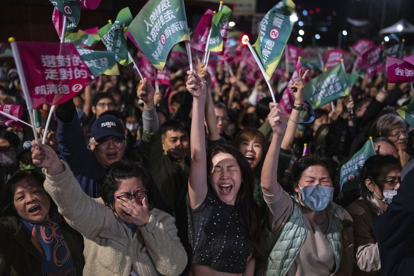 The crowd cheers at a Democratic Progressive Party rally in Taipei, Taiwan, on Saturday, January 13, after DPP candidate <a href="index.php?page=&url=https%3A%2F%2Fwww.cnn.com%2F2024%2F01%2F14%2Fasia%2Fprofile-lai-ching-te-taiwan-new-president-intl-hnk%2Findex.html" target="_blank">Lai Ching-te</a> won <a href="index.php?page=&url=https%3A%2F%2Fwww.cnn.com%2F2024%2F01%2F13%2Fasia%2Ftaiwan-presidential-election-results-intl-hnk%2Findex.html" target="_blank">Taiwan's presidential election</a>.