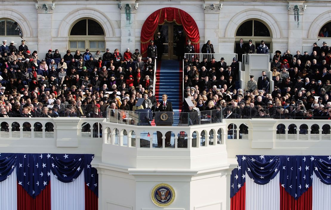 WASHINGTON - JANUARY 20:  U.S President Barack Obama gives his inaugural address during his inauguration as the 44th President of the United States of America on the West Front of the Capitol January 20, 2009 in Washington, DC. Obama becomes the first African-American to be elected to the office of President in the history of the United States.  (Photo by Alex Wong/Getty Images)