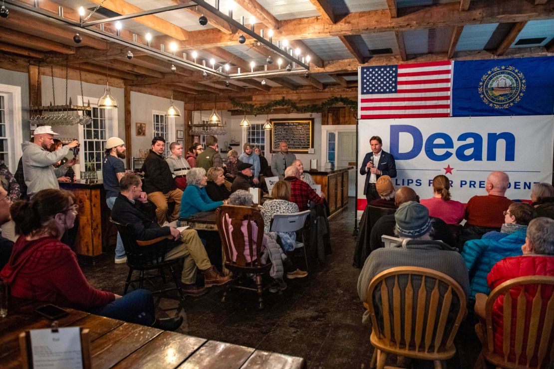 Democratic presidential hopeful US Representative Dean Phillips speaks during a campaign event at Post & Beam Brewing in Peterborough, New Hampshire, on January 17, 2024.