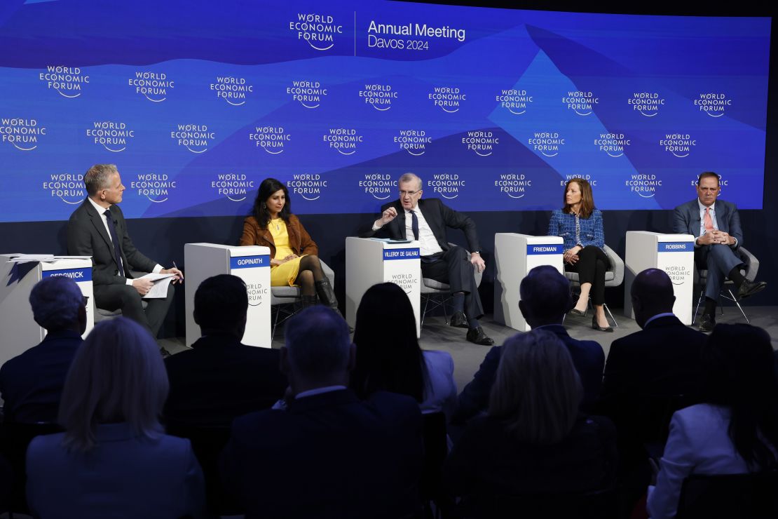 Steve Sedgwick, anchor for CNBC, Gita Gopinath, first deputy managing director of International Monetary Fund (IMF), Francois Villeroy de Galhau, governor of the Bank of France, Adena Friedman, chief executive officer of Nasdaq Inc., and Chuck Robbins, chief executive officer of Cisco Technologies Inc., left to right, during a panel session on the opening day of the World Economic Forum (WEF) in Davos, Switzerland, on Tuesday, Jan. 16, 2024.