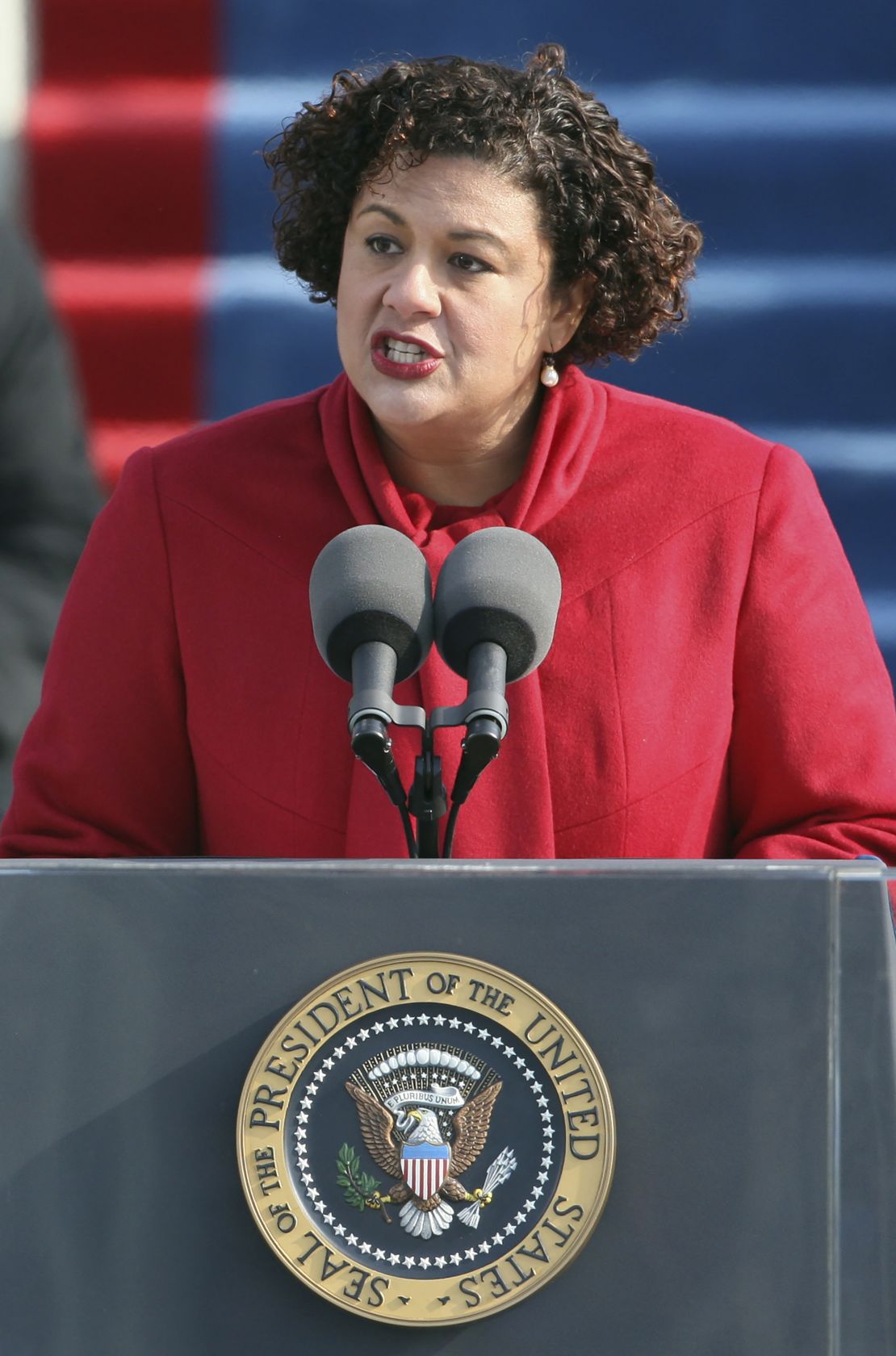 Elizabeth Alexander recites a poem during swearing-in ceremonies at the U.S. Capitol in Washington, Tuesday, Jan. 20, 2009.  (AP Photo/Ron Edmonds)