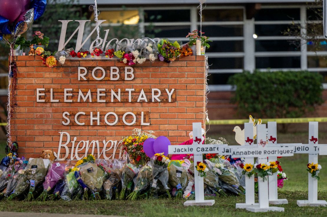 A memorial in front of Robb Elementary School in Uvalde, Texas.