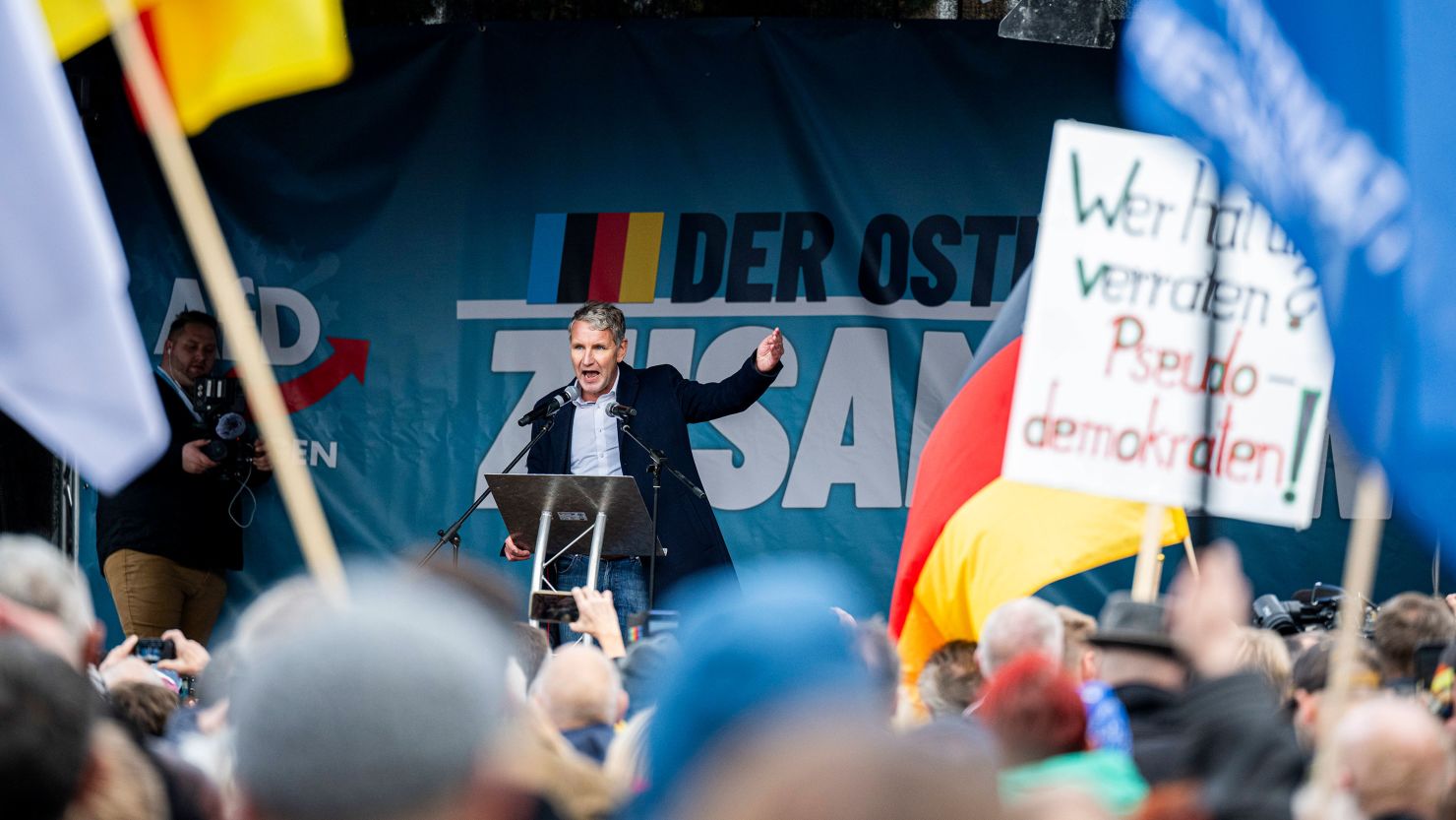 Far-right politician Bjoern Hoecke, Thuringia's AfD parliamentary group leader, speaks at am AfD demonstration in Erfurt, Germany, on October 28, 2023.